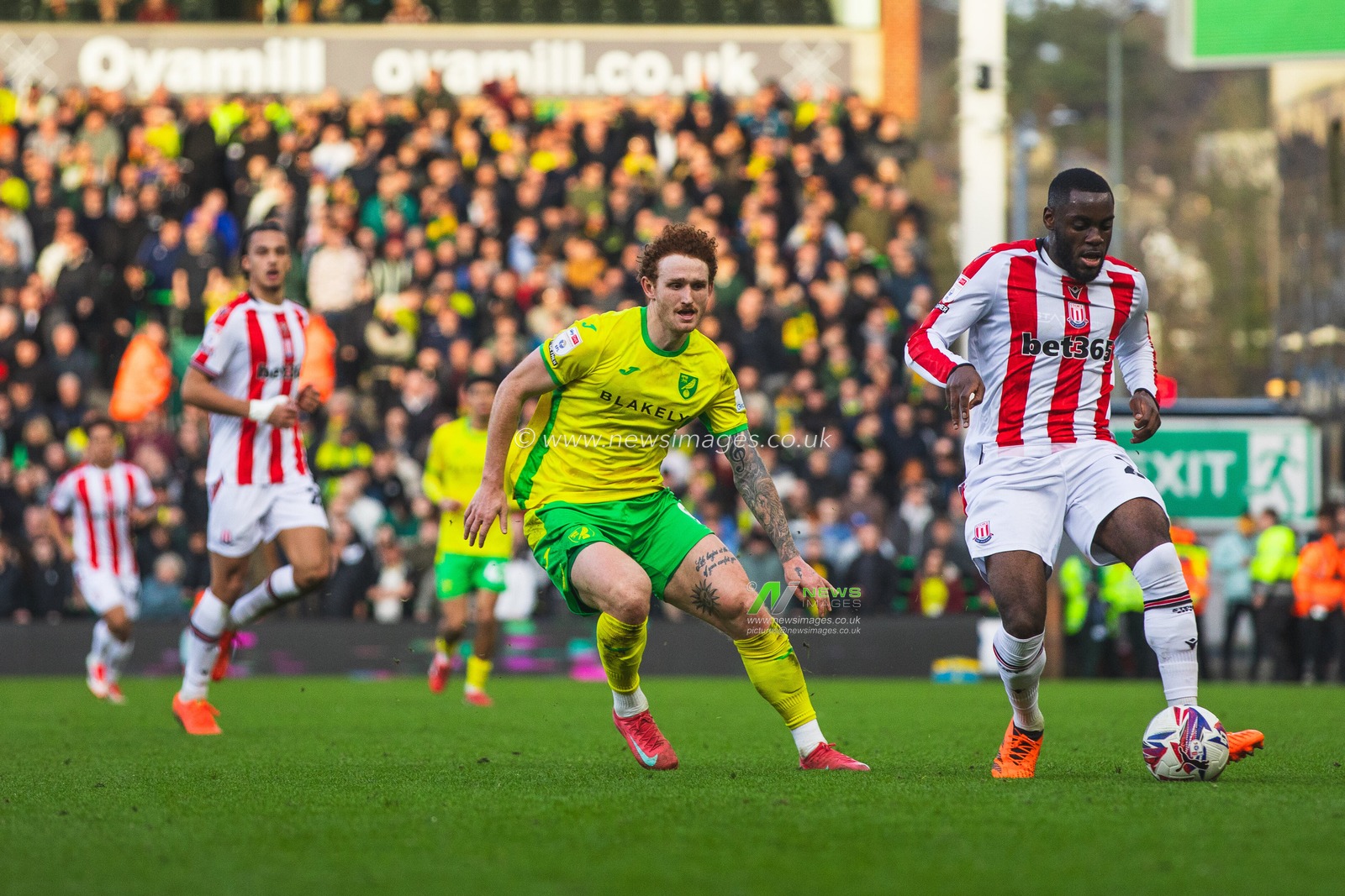 Josh Sargent of Norwich City, Junior Tchamadeu of Stoke Cityduring tussle for the ball the Sky Bet Championship match Norwich City vs Stoke City at Carrow Road, Norwich, United Kingdom, 22nd February 2025

(Photo by Craig Evans/News Images)