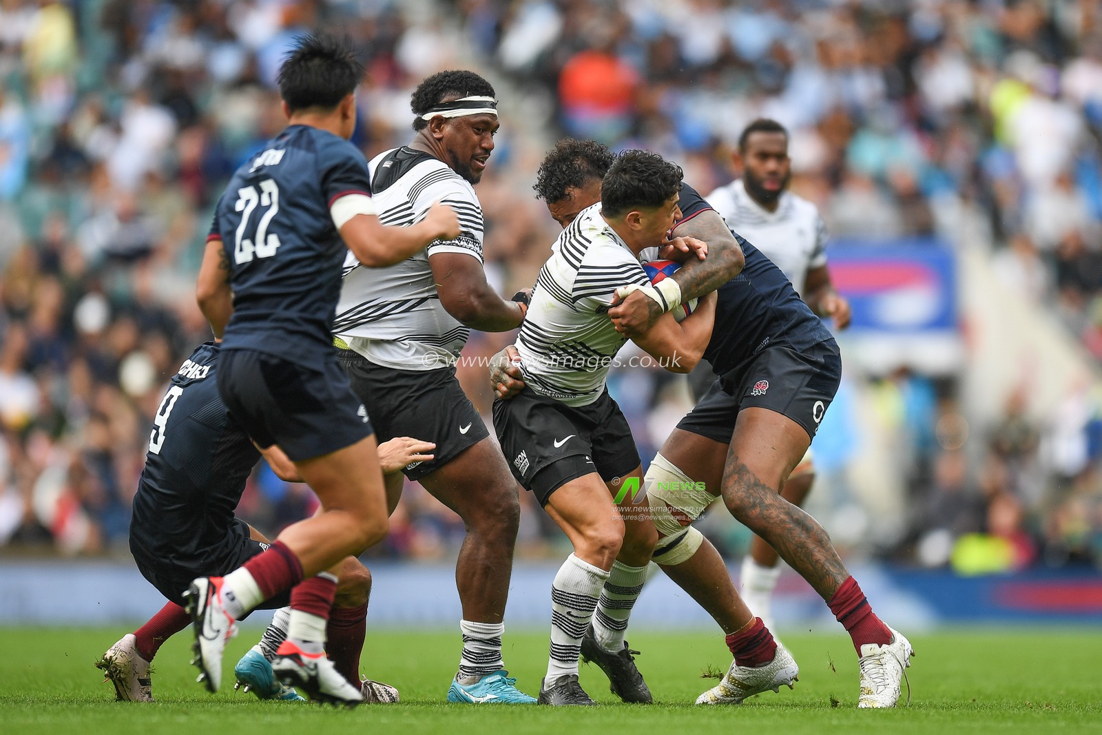 Caleb Muntz of Fiji  tackled by Courtney Lawes of England during the 2023 Summer Series match England vs Fiji at Twickenham Stadium, Twickenham, United Kingdom, 26th August 2023

(Photo by Mike Jones/News Images)