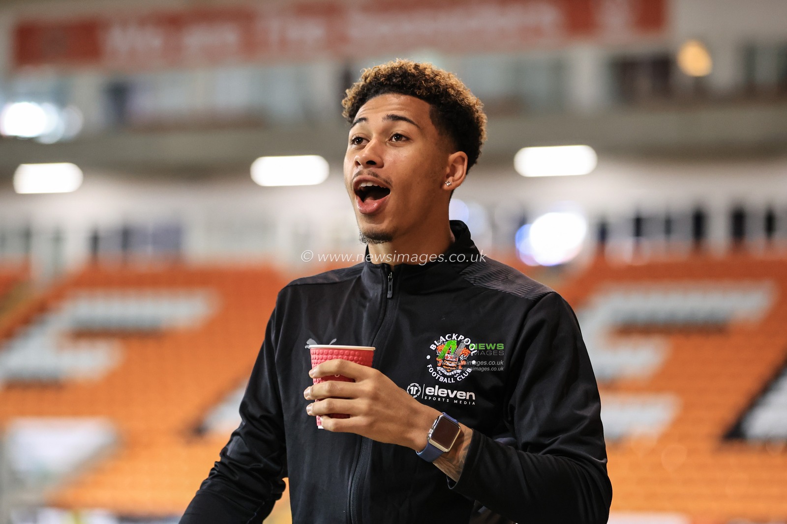 Jordan Gabriel #4 of Blackpool arrives at Bloomfield Road
