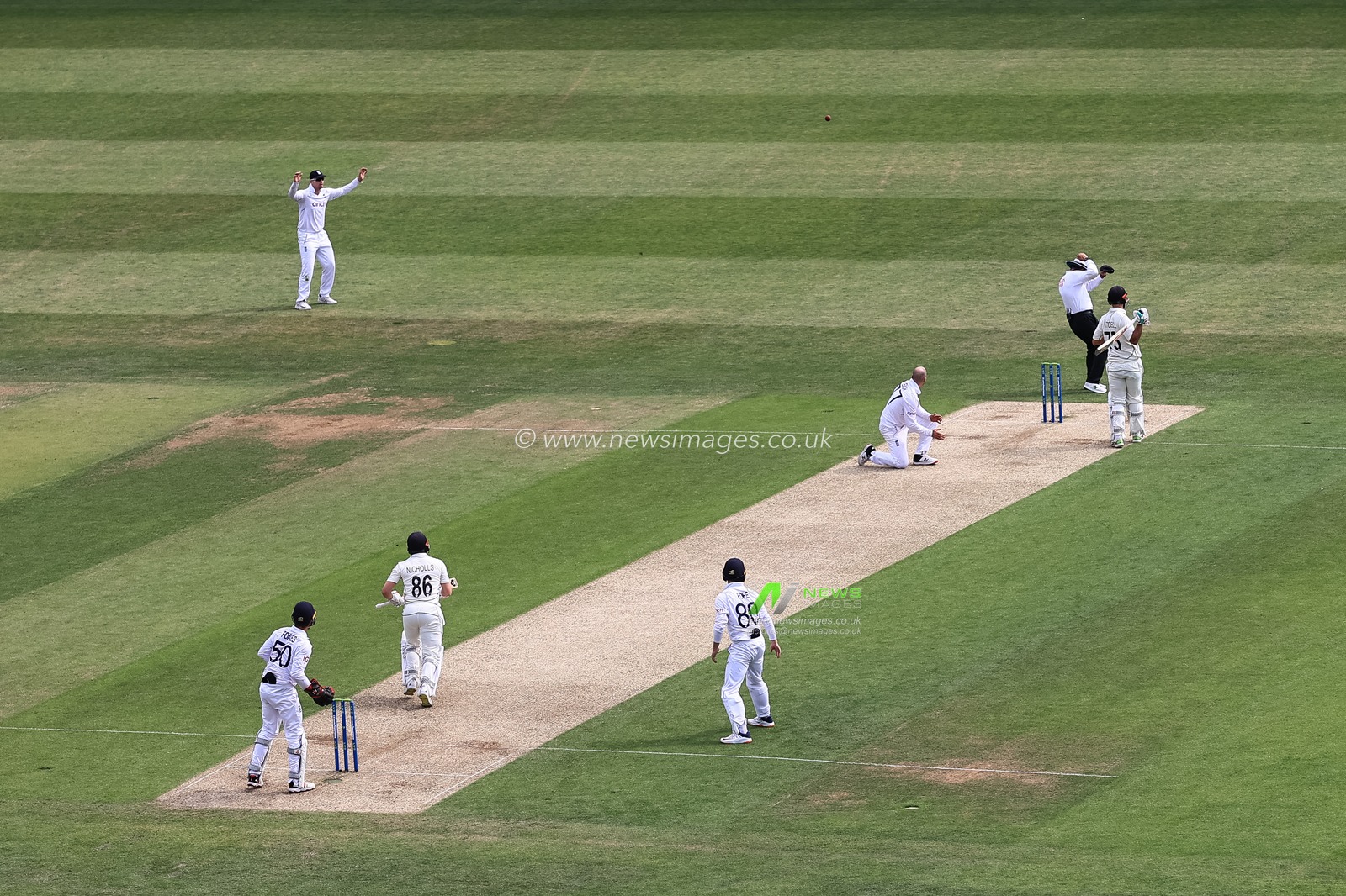 Henry Nicholls of New Zealand is caught out by Alex Lees of England
