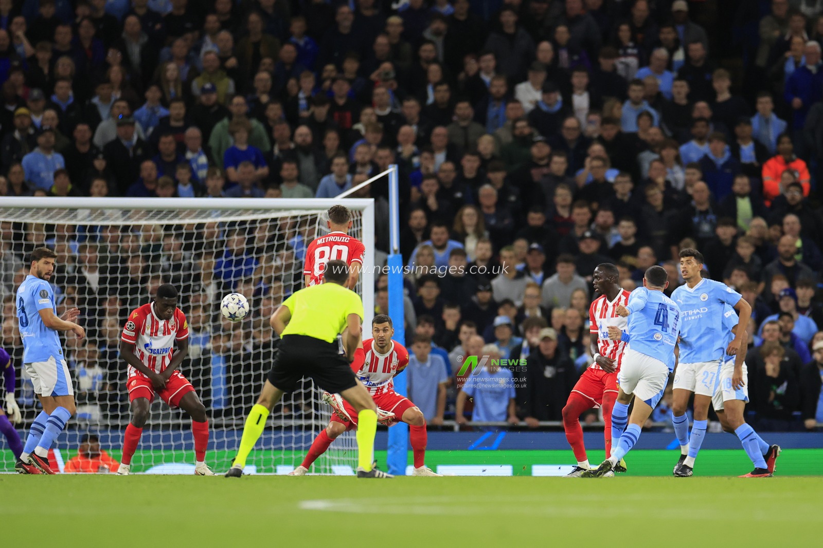 Phil Foden #47 of Manchester City fires a shot on goal during the UEFA Champions League match Manchester City vs Red Star Belgrade at Etihad Stadium, Manchester, United Kingdom, 19th September 2023

(Photo by Conor Molloy/News Images)