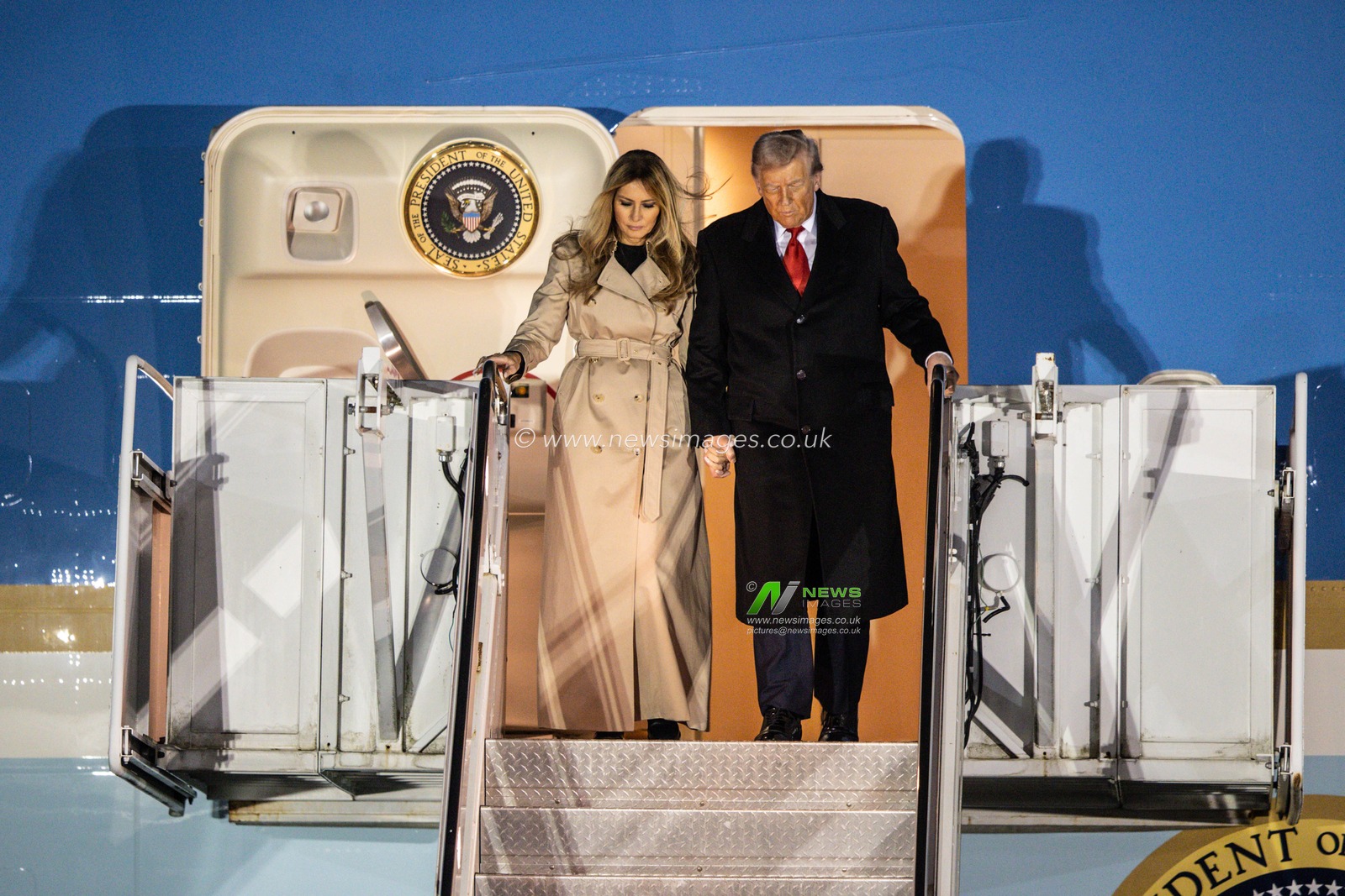 President Donald Trump and First Lady Melania Trump depart the Air Force one during the US President Donald Trump's state visit to the United Kingdom at London Stansted Airport, Stansted, United Kingdom, 16th September 2025

(Photo by Alfie Cosgrove/News Images)