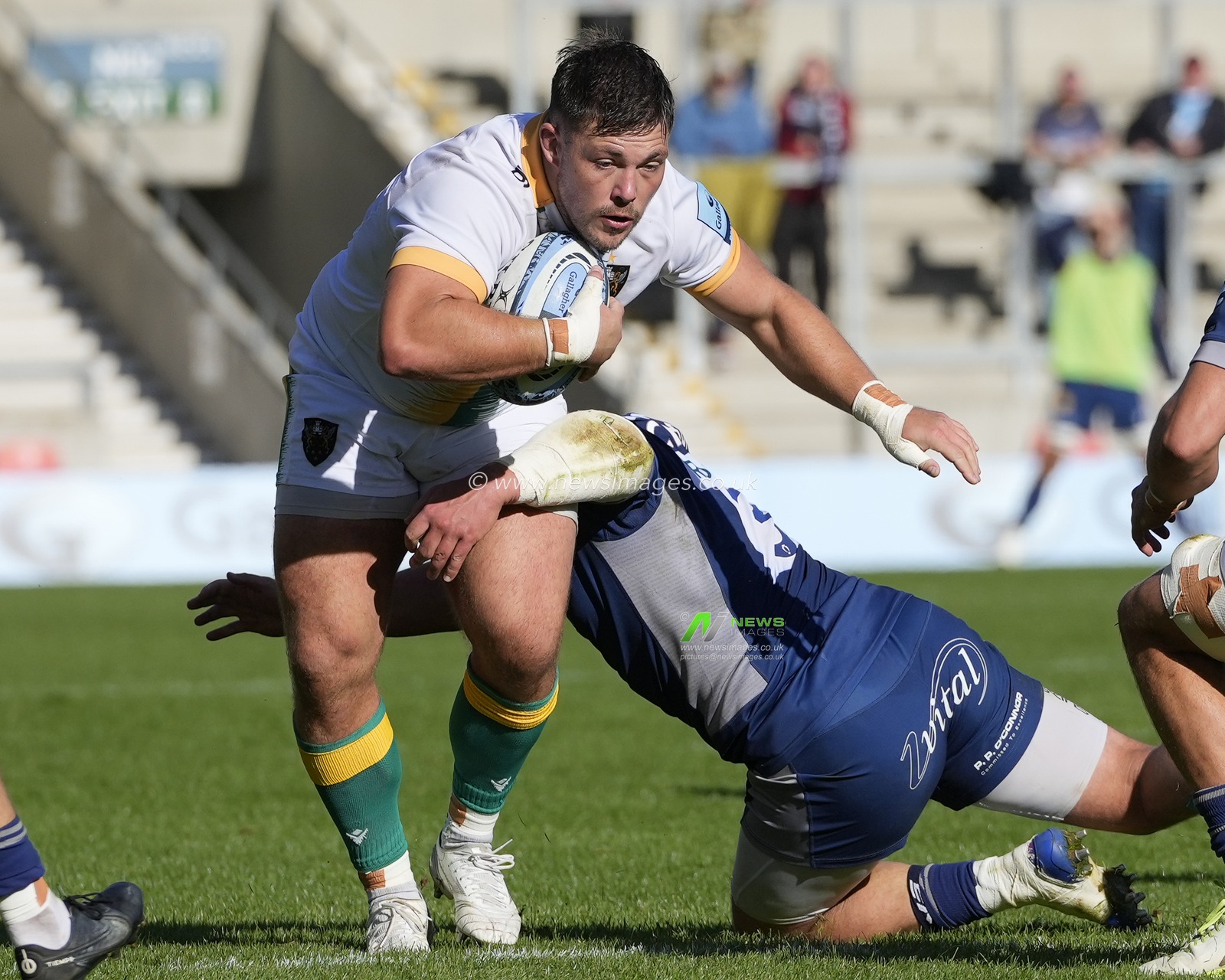 Ethan Waller #1 of Northampton Saints runs at Nick Schonert #3 of Sale Sharks during the Gallagher Premiership match Sale Sharks vs Northampton Saints at AJ Bell Stadium, Eccles, United Kingdom, 15th October 2023

(Photo by Steve Flynn/News Images)