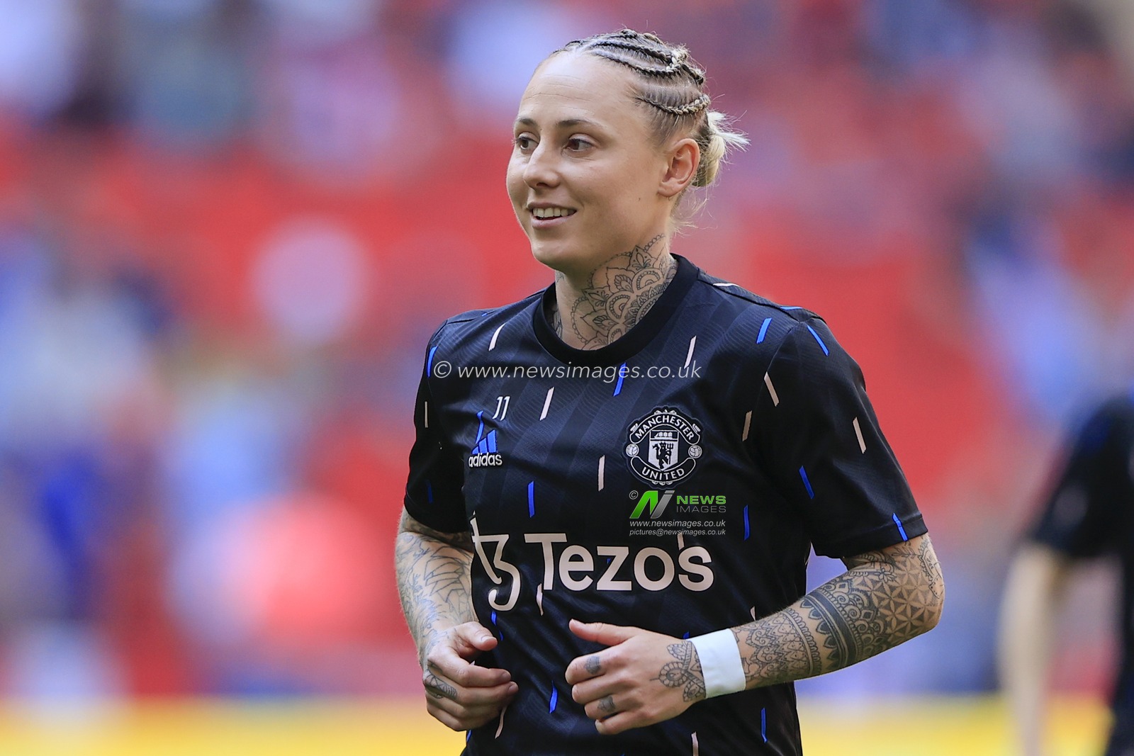 Leah Galton #11 of Manchester United during the warm up ahead of the Vitality Women's FA Cup Final match Chelsea FC Women vs Manchester United Women at Wembley Stadium, London, United Kingdom, 14th May 2023

(Photo by Conor Molloy/News Images)
