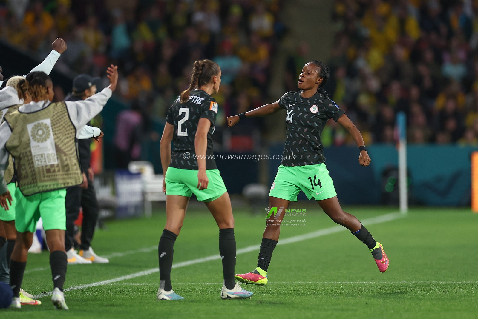 Oluwatosin Demehin #14 of Nigeria celebrates her goal to make it 1-1 during the FIFA Women's World Cup 2023 Group B match Australia Women vs Nigeria Women at Suncorp Stadium, Brisbane, Australia, 27th July 2023

(Photo by Patrick Hoelscher/News Images)