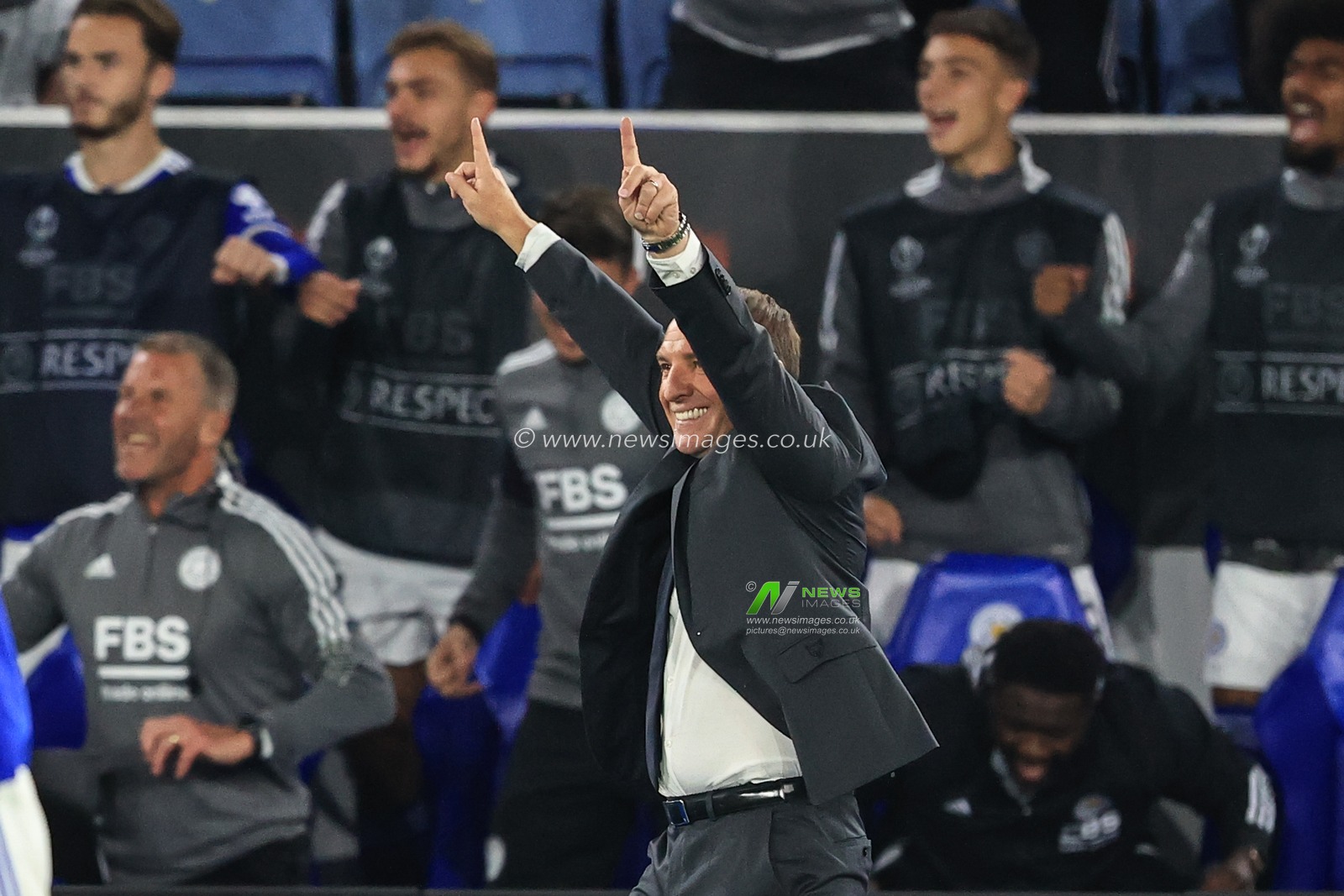 Brendan Rogers manager of Leicester City celebrates Harvey Barnes #7 of Leicester Cityâ€™s goal to make it 2-0