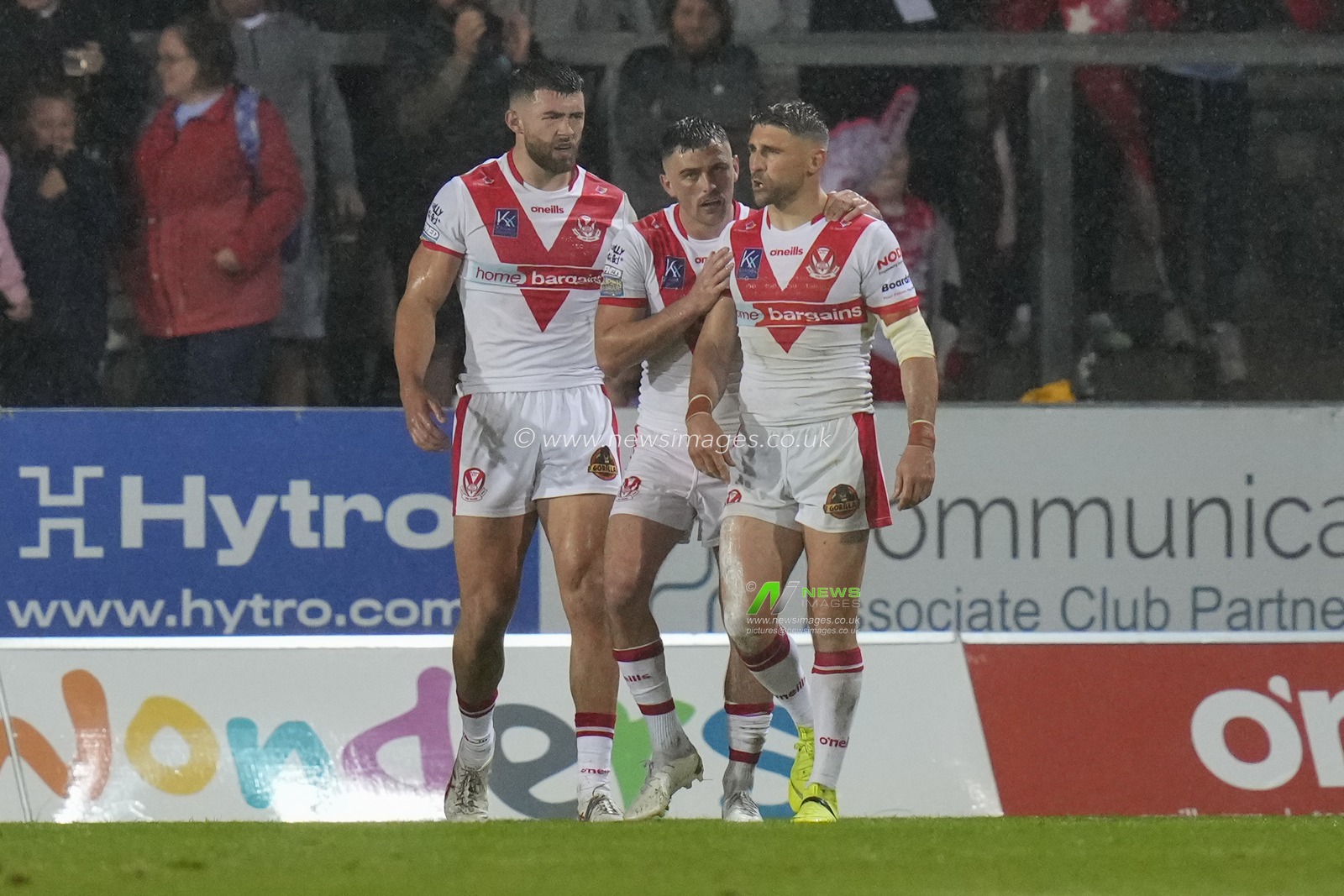 Lewis Dodd #7 of St. Helens celebrates with try scorer Tommy Makinson #2 of St. Helens during the Betfred Super League Round 22 match St Helens vs Hull KR at Totally Wicked Stadium, St Helens, United Kingdom, 18th August 2023

(Photo by Steve Flynn/News Images)