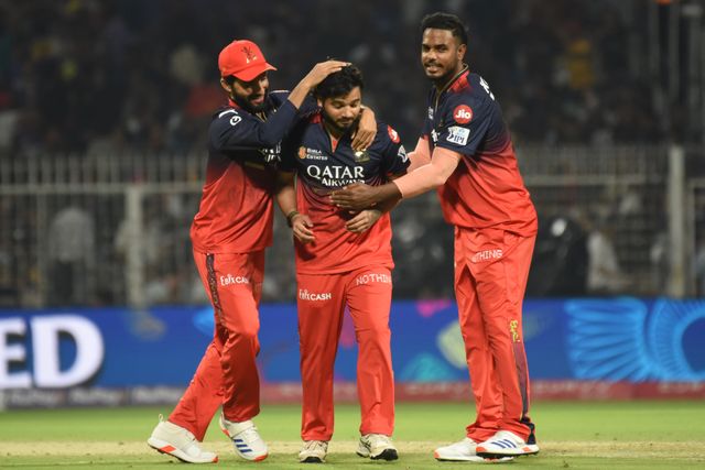 Suyash Sharma of Royal Challengers Bengaluru's  center, celebrates with teammates after the dismissal of Kolkata Knight Riders' Andre Russell during the Indian Premier League cricket match between Kolkata Knight Riders and Royal Challengers Bengaluru at Eden Gardens in Kolkata, India, Saturday, March 22, 2025.Pictures by Debajyoti Chakraborty.(Photo: Debajyoti Chakraborty/News Images)