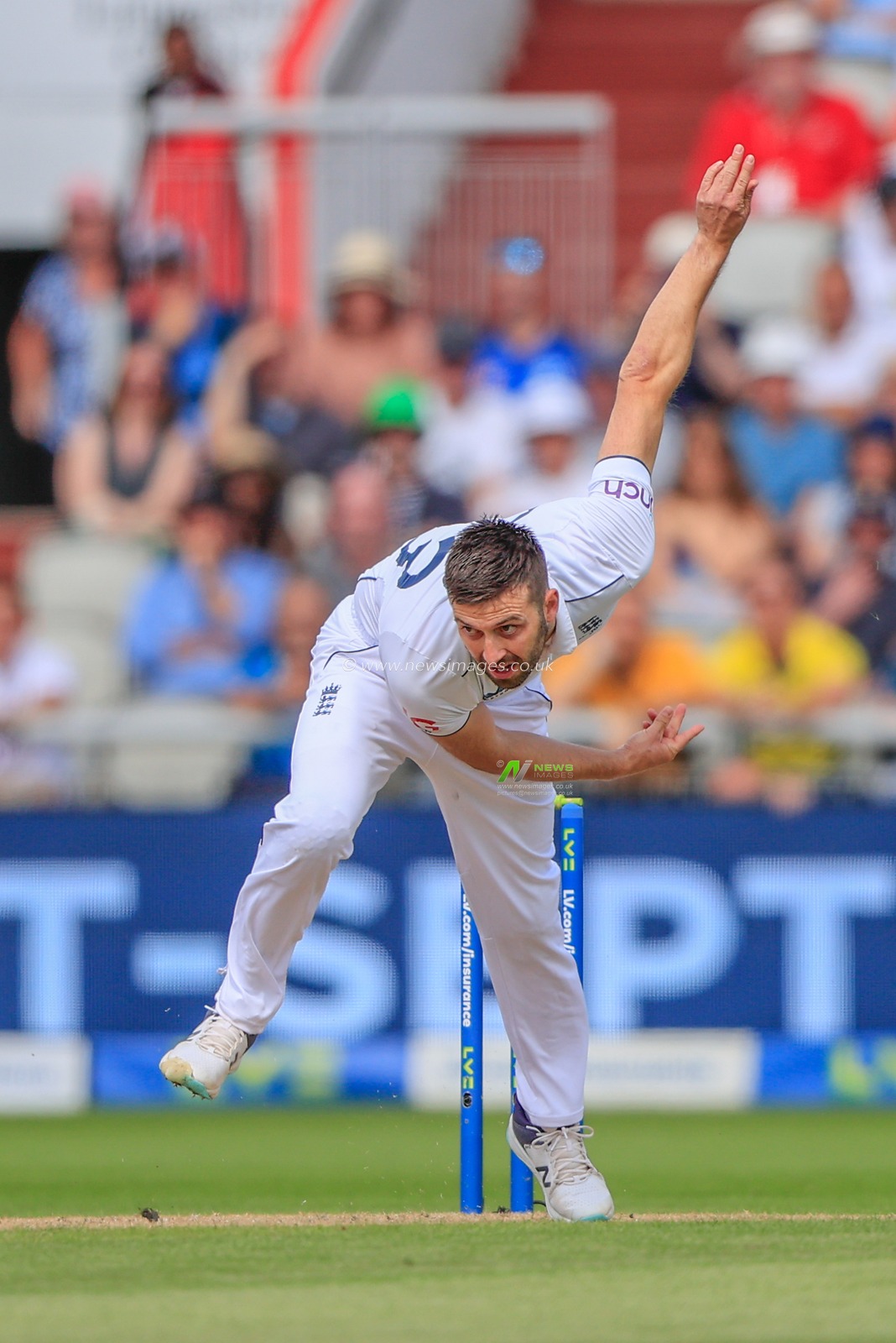 Mark Wood of England bowling for England during the LV= Insurance Ashes Fourth Test Series Day One England vs Australia at Old Trafford, Manchester, United Kingdom, 19th July 2023

(Photo by Conor Molloy/News Images)