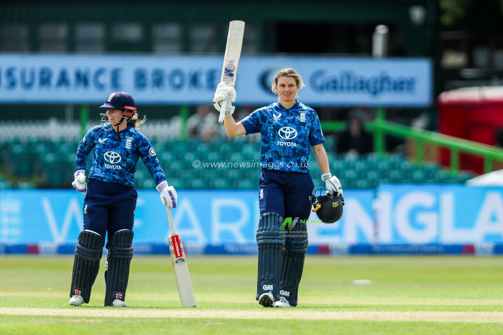 Amy Jones of England Women celebrates a century during the 2nd Metro Bank ODI Day International England Women v West Indies Women at Uptonsteel County Ground, Leicester, United Kingdom, 4th June 2025

(Photo by Izzy Poles/News Images)