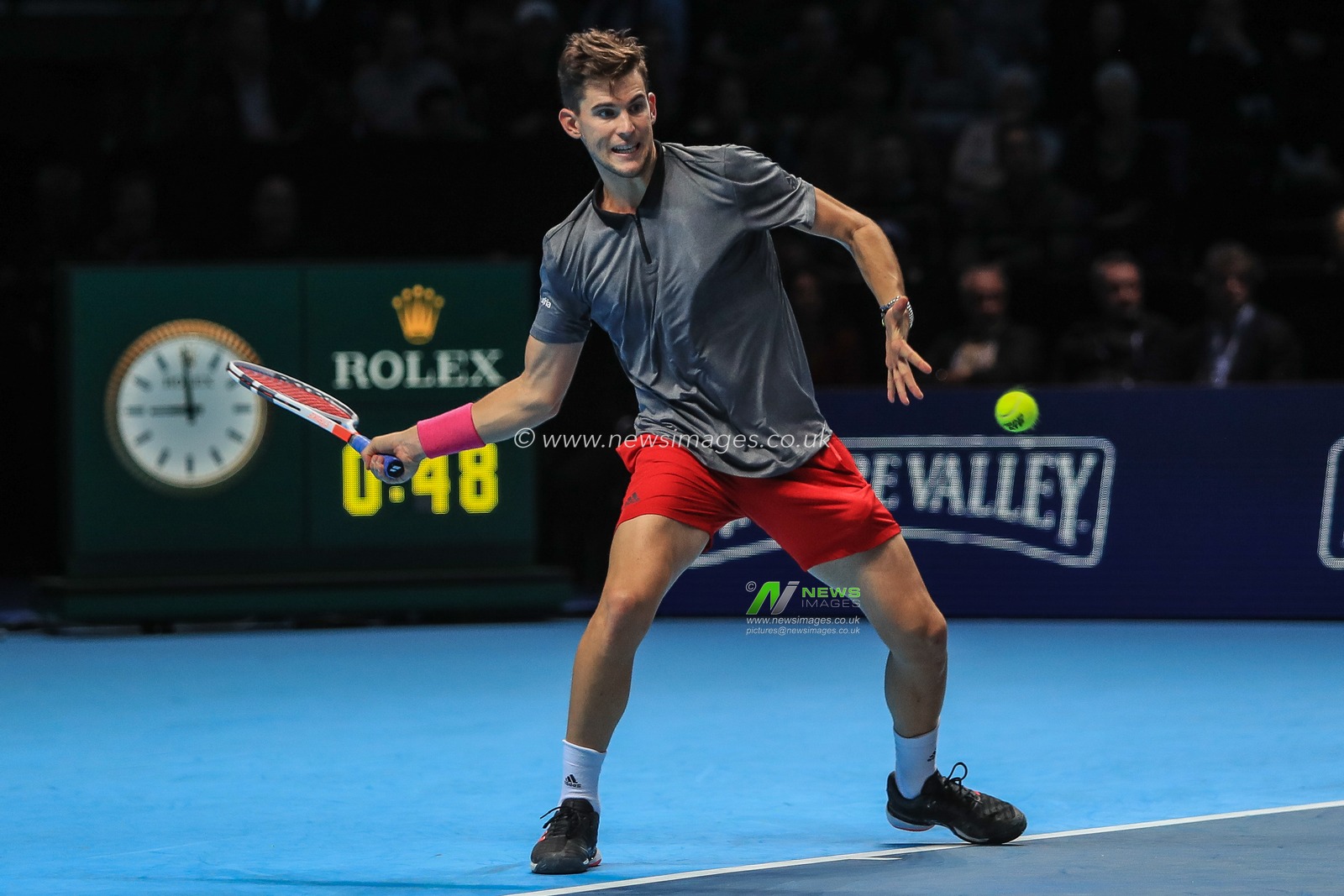 13th November 2018, The O2 , London, England;  Nitto ATP World Tour Finals, Day Three;  Dominic Thiem of Austria in action during his match against Roger Federer of Switzerland 

Credit: Romena Fogliati/News Images