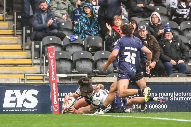 Tom Briscoe of Hull FC goes over for a try during the Betfred Super League round 10 match Hull FC vs Toulouse Olympique at MKM Stadium, Hull, United Kingdom on 03 May 2026

(Photo by Alfie Cosgrove/News Images)