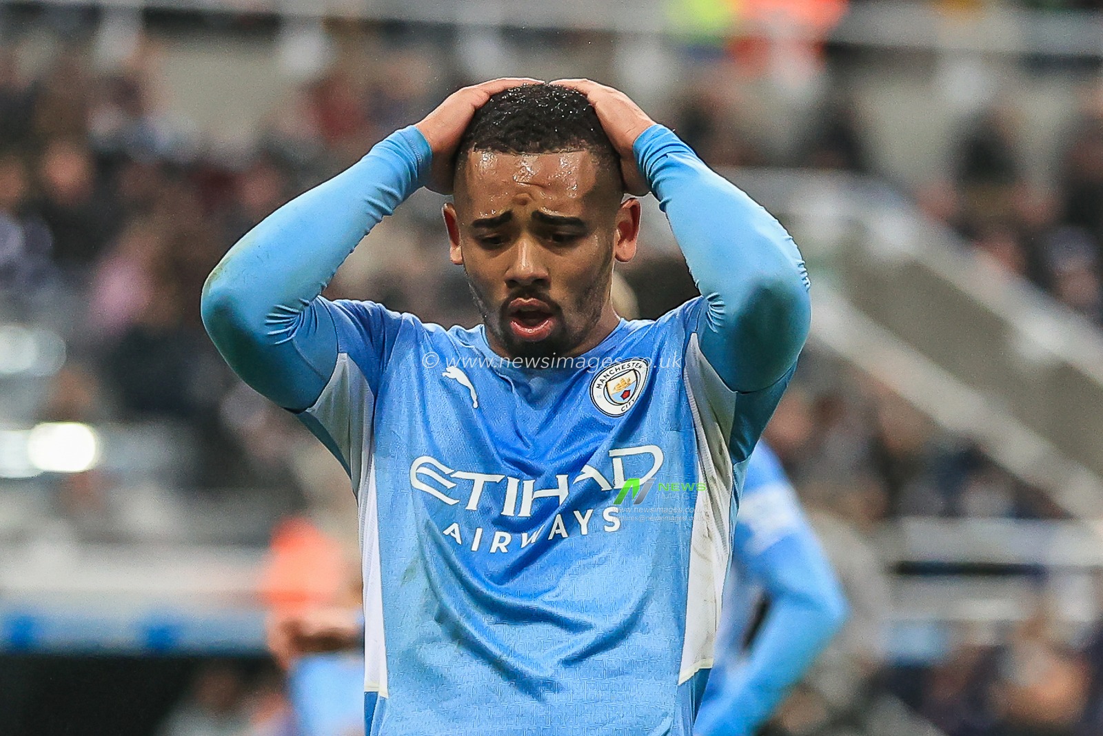 Gabriel Jesus #9 of Manchester City reacts to a close miss on goal