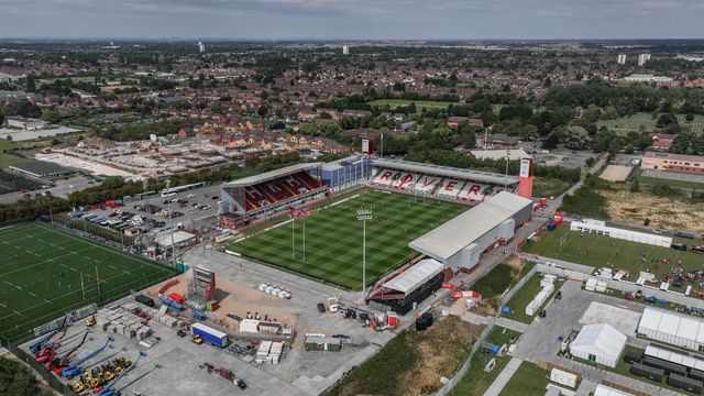 An aerial view of Sewell Group Craven Park during the Betfred Super League round 21 match Hull KR vs Castleford Tigers at Sewell Group Craven Park, Kingston upon Hull, United Kingdom, 9th August 2025

(Photo by Alfie Cosgrove/News Images)