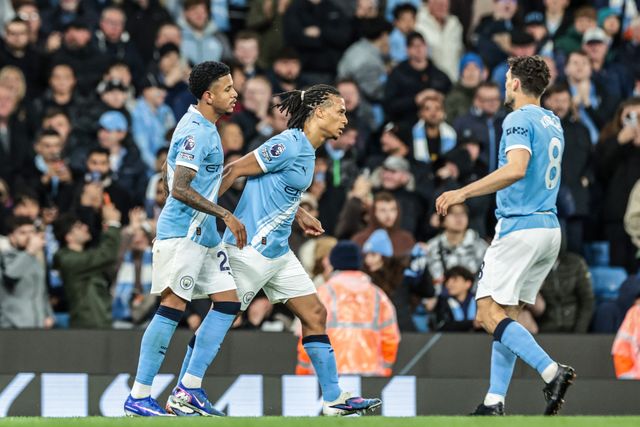 Savino of Manchester City celebrates his goal to make it 3-0 during the Premier League match Manchester City vs Crystal Palace at Etihad Stadium, Manchester, United Kingdom on 13 May 2026

(Photo by Mark Cosgrove/News Images)