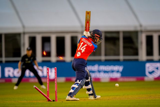 Maia Bouchier of England is bowled by Bree Illing of New Zealand during the England Women v New Zealand 1st Vitality IT20 match at The Central Co-Op County Ground, Derby, United Kingdom on 20 May 2026

(Photo by Maynard Manyowa/News Images)