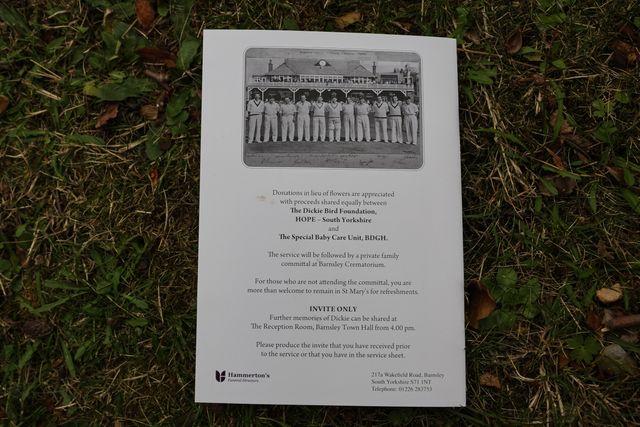 Pages form Harold Dennis “Dickie” Bird OBE order of service booklet during the Funeral of Harold Dennis “Dickie” Bird OBE at St Mary's Church, Barnsley, United Kingdom, 19th October 2025

(Photo by Mark Cosgrove/News Images)