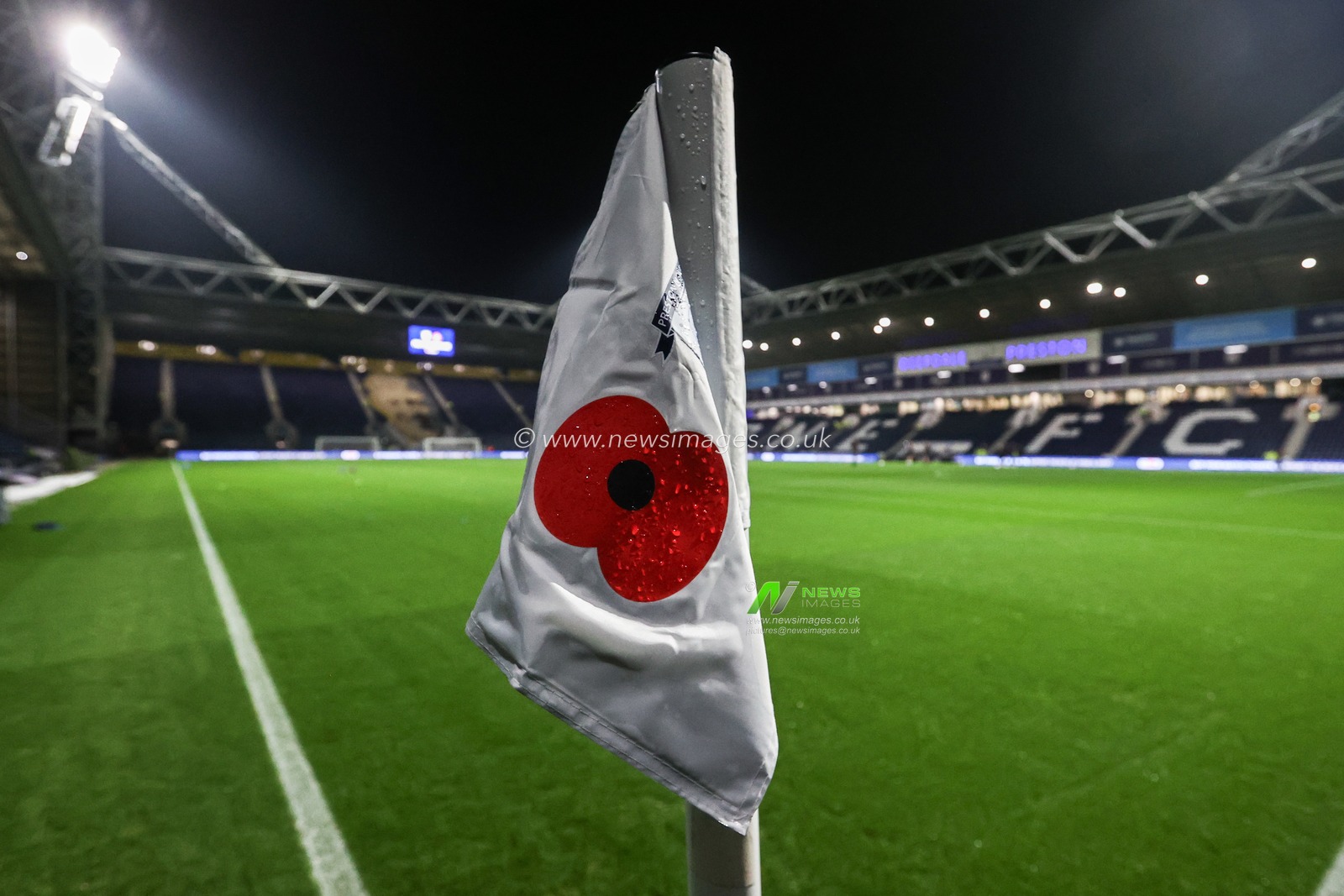The Remembrance Day corner flag at Deepdale ahead of the Sky Bet Championship match Preston North End vs Sunderland at Deepdale, Preston, United Kingdom, 6th November 2024

(Photo by Alfie Cosgrove/News Images)