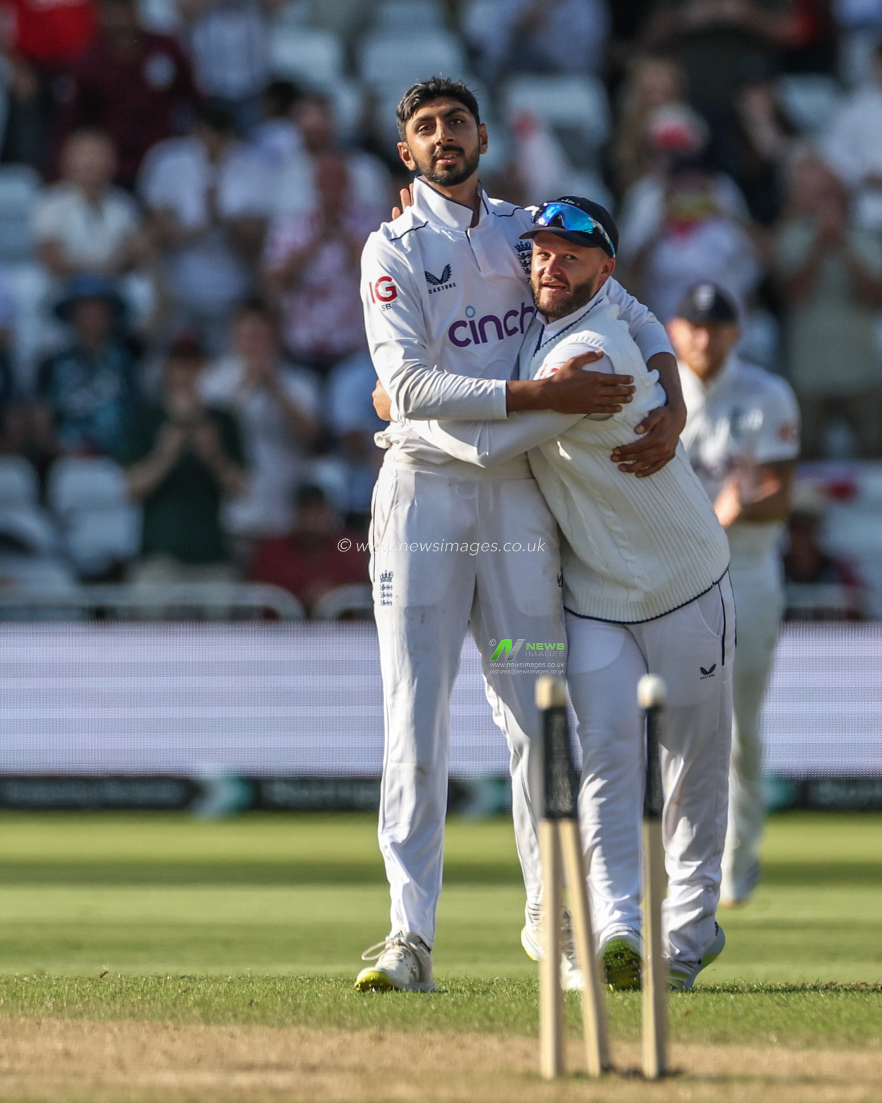 Shoaib Bashir of England celebrates the wicket of Shamar Joseph of West Indies to win the game during the Rothesay Test Match day four match England vs West Indies at Trent Bridge, Nottingham, United Kingdom, 21st July 2024

(Photo by Mark Cosgrove/News Images)