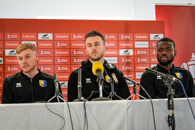 Will Evans, Rhys Oates and Deji Oshilaja all of Mansfield Town during the pre-match press conference for the FA Cup Fifth round match Mansfield v Arsenal to be played at One Call Stadium, Mansfield, United Kingdom on 07 March 2026

(Photo by Maynard Manyowa/News Images)