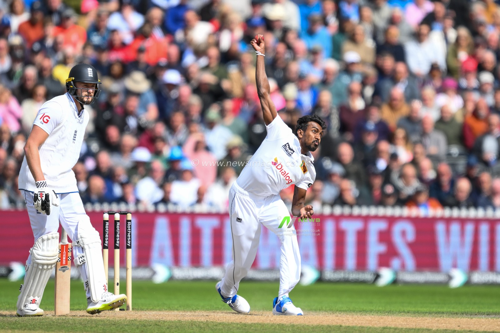 Milan Rathnayake of Sri Lanka delivers the ball during the England Men v Sri Lanka 1st Rothesay Test Match Day 3 at Old Trafford, Manchester, United Kingdom, 23rd August 2024

(Photo by Craig Thomas/News Images)