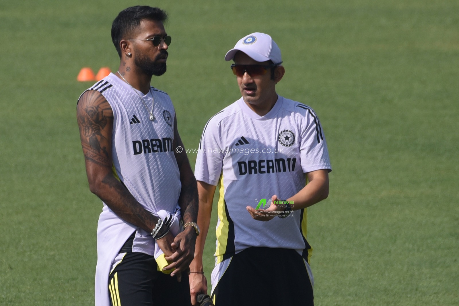 India's coach Gautam Gambhir  and cricketer Hardik Pandya speak during a practice session ahead of their first Twenty20 international cricket match against England at the Eden Gardens in Kolkata on January 20. 2025.Pictures by Debajyoti Chakraborty.(Photo: Debajyoti Chakraborty/News Images)