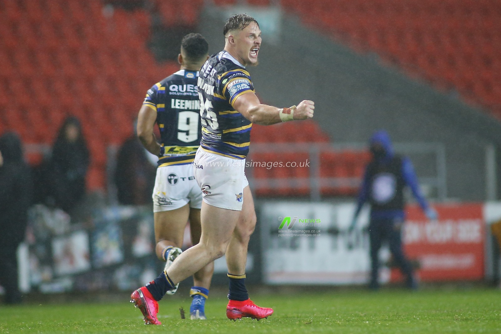 James Donaldson (25) of Leeds Rhinos celebrates the win at Full Time following a 13-12 win over Huddersfield Giants.