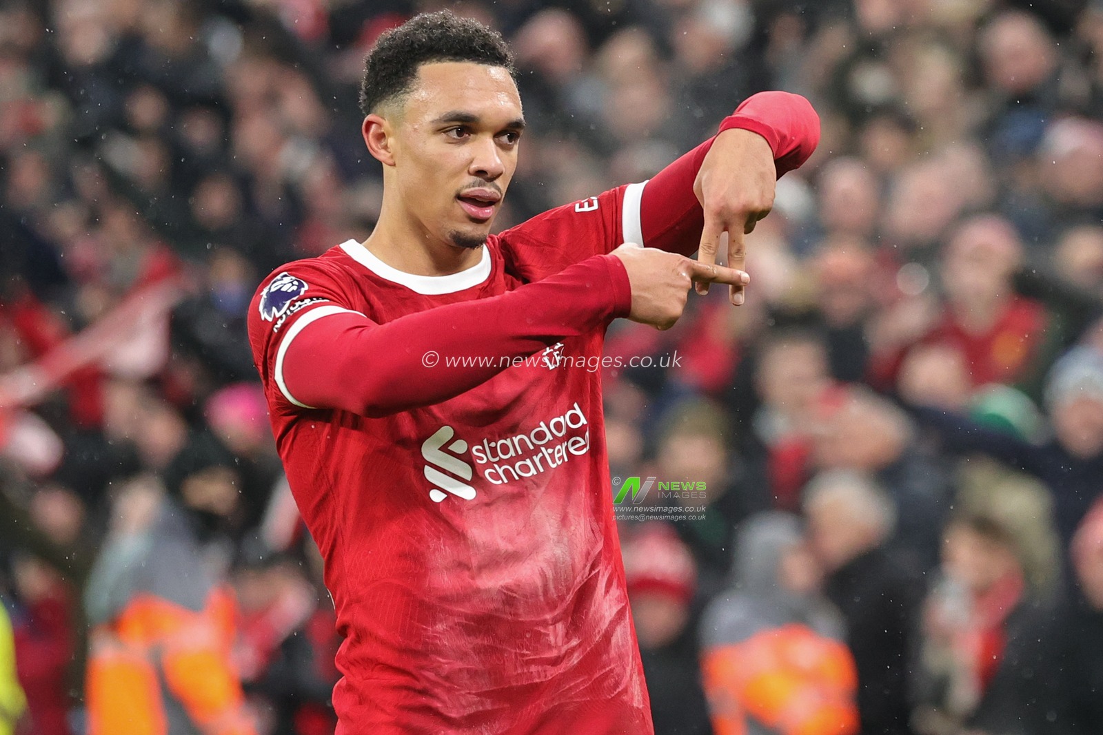 Trent Alexander-Arnold #66 of Liverpool celebrates his goal to make it 4-3 during the Premier League match Liverpool vs Fulham at Anfield, Liverpool, United Kingdom, 3rd December 2023

(Photo by Mark Cosgrove/News Images)