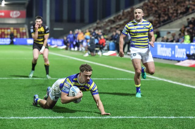 Cai Taylor-Wray of Warrington Wolves goes over for a try during the Betfred Super League Round 4 match York Knights vs Warrington Wolves at LNER Community Stadium, York, United Kingdom on 06 March 2026

(Photo by Mark Cosgrove/News Images)