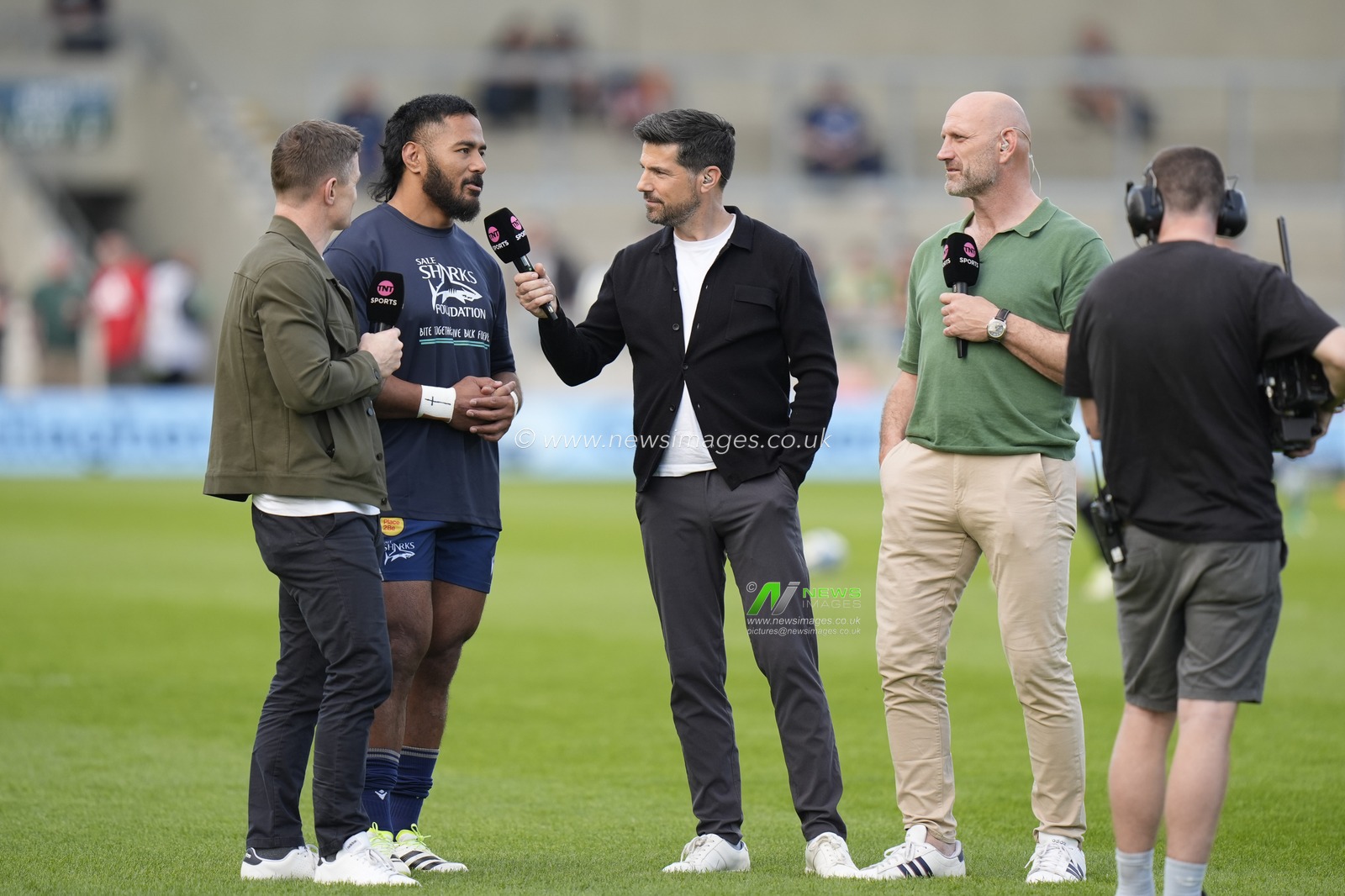 Sale Sharks centre Manu Tuilagi is interviewed by Craig Doyle of Broadcaster TNT Sport with pundits Brian Oâ€™Driscoll and Laurence Dillaglio before the Gallagher Premiership match Sale Sharks vs Leicester Tigers at Salford Community Stadium, Eccles, United Kingdom, 10th May 2024

(Photo by Steve Flynn/News Images)