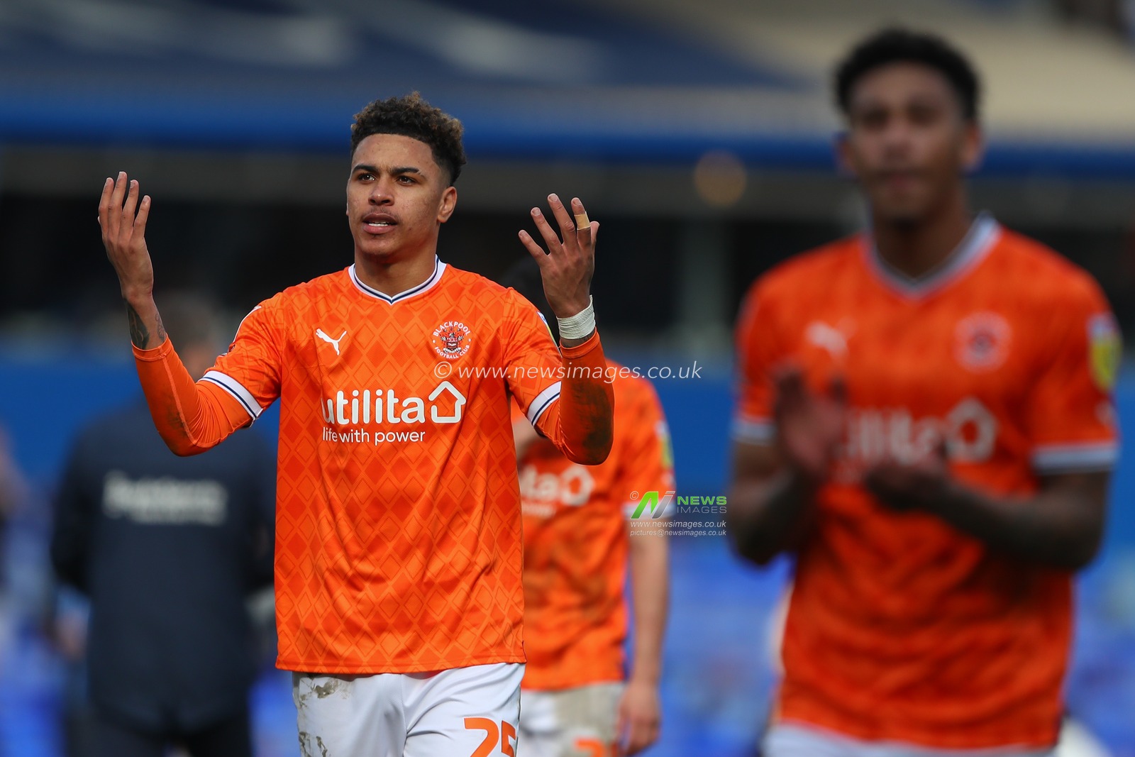 Morgan Rogers #25 of Blackpool applauds the travelling fans after the Sky Bet Championship match Birmingham City vs Blackpool at St Andrews, Birmingham, United Kingdom, 22nd April 2023

(Photo by Gareth Evans/News Images)