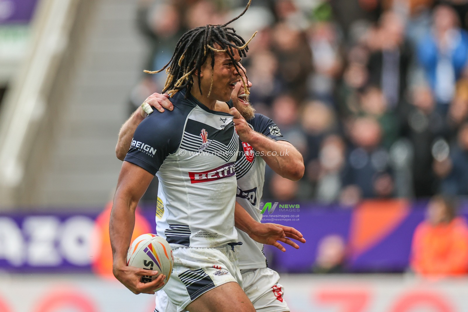 Dom Young of England celebrates his try during the Rugby League World Cup 2021 match England vs Samoa at St. James's Park, Newcastle, United Kingdom, 15th October 2022

(Photo by Mark Cosgrove/News Images)