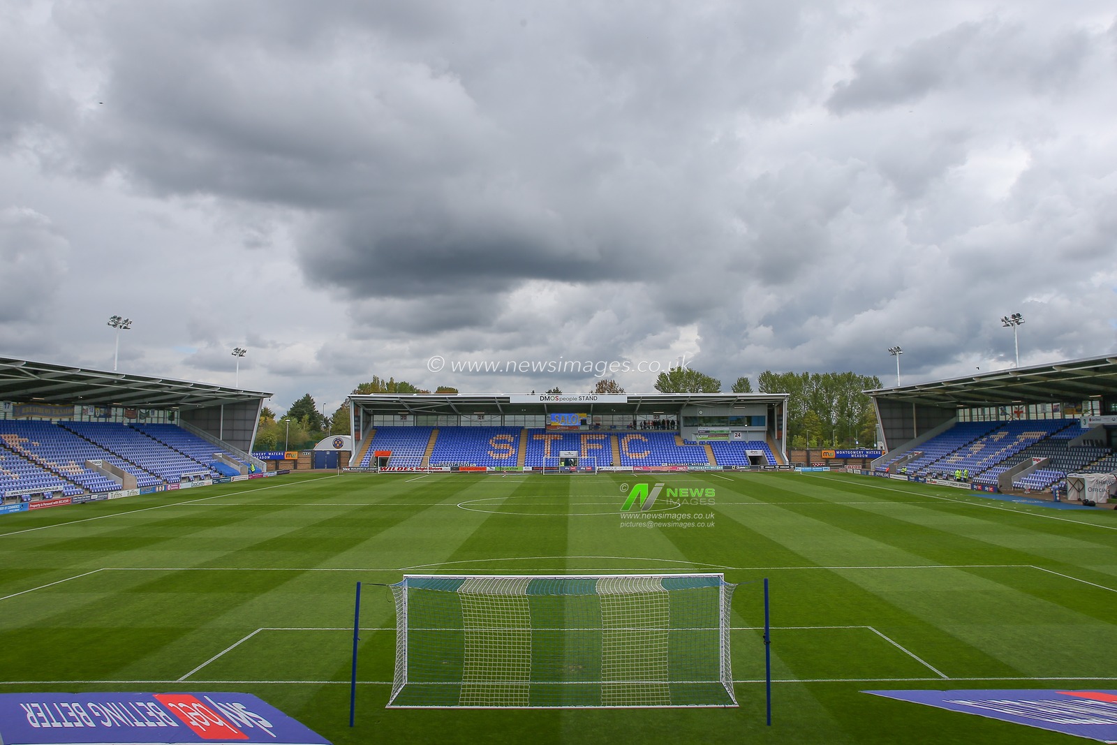 A general view inside of Greenhous Meadow, home of Shrewsbury Town ahead of the Sky Bet League 1 match Shrewsbury Town vs Sheffield Wednesday at Greenhous Meadow, Shrewsbury, United Kingdom, 29th April 2023

(Photo by Gareth Evans/News Images)