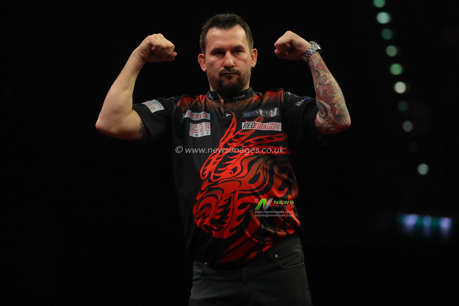 Jonny Clayton celebrates winning the match during the 2023 Cazoo PDC Premier League Darts Night 10 at Utilita Arena Birmingham, Birmingham, United Kingdom, 6th April 2023

(Photo by Gareth Evans/News Images)