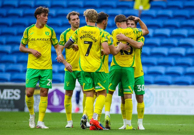 Mathias Kvistgaarden of Norwich City celebrates scoring his teams first goal during the Carabao Cup round 2 match Cardiff City vs Norwich City at Cardiff City Stadium, Cardiff, United Kingdom on 25 August 2026

(Photo by Andrew Lewis/News Images)