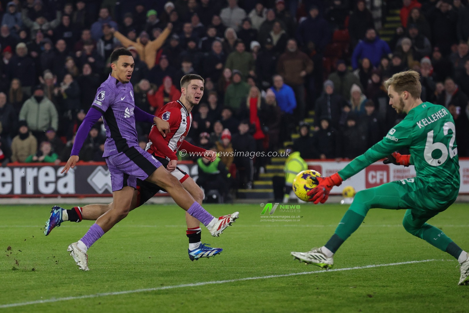 James McAtee #28 of Sheffield United sees his shot at goal be saved by Caoimhin Kelleher #62 of Liverpool during the Premier League match Sheffield United vs Liverpool at Bramall Lane, Sheffield, United Kingdom, 6th December 2023

(Photo by Mark Cosgrove/News Images)