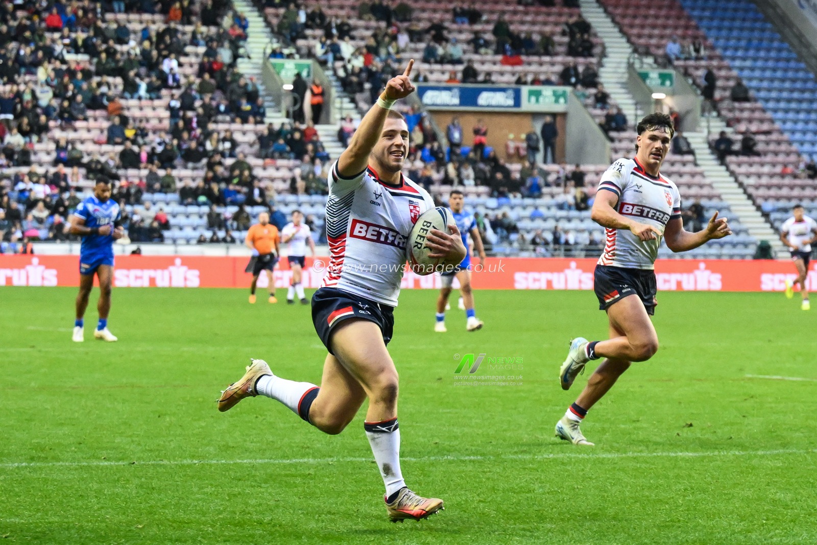 Mikey Lewis of England celebrates as he scores a try during the ABK Beer Internationals Series match England vs Samoa at The Brick Community Stadium, Wigan, United Kingdom, 27th October 2024

(Photo by Craig Thomas/News Images)