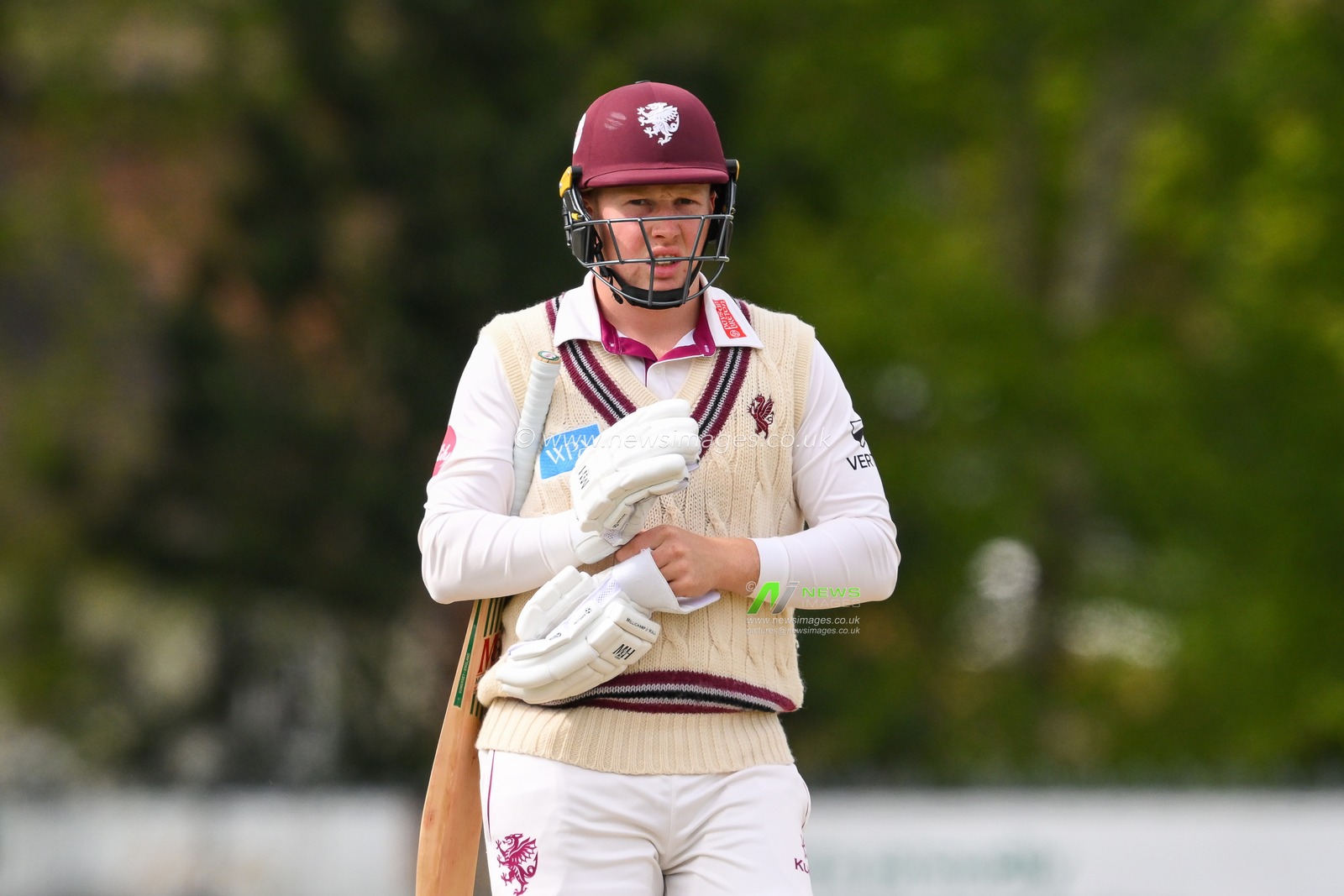 James Rew of Somerset leaves the field after being out bowled Jason Holder of Worcestershire caught Gareth Roderick of Worcestershire during overs during the Vitality County Championship Division 1 match Worcestershire vs Somerset at Kidderminster Cricket Club, Kidderminster, United Kingdom, 26th April 2024

(Photo by Craig Thomas/News Images)
