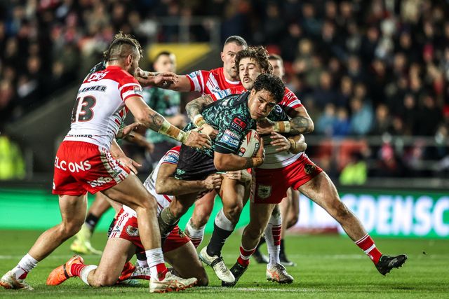 Joe Ofahengaue of Leigh Leopards is tackled during the Betfred Super League match St Helens vs Leigh Leopards at The BrewDog Stadium, St Helens, United Kingdom on 20 February 2026

(Photo by Alfie Cosgrove/News Images)