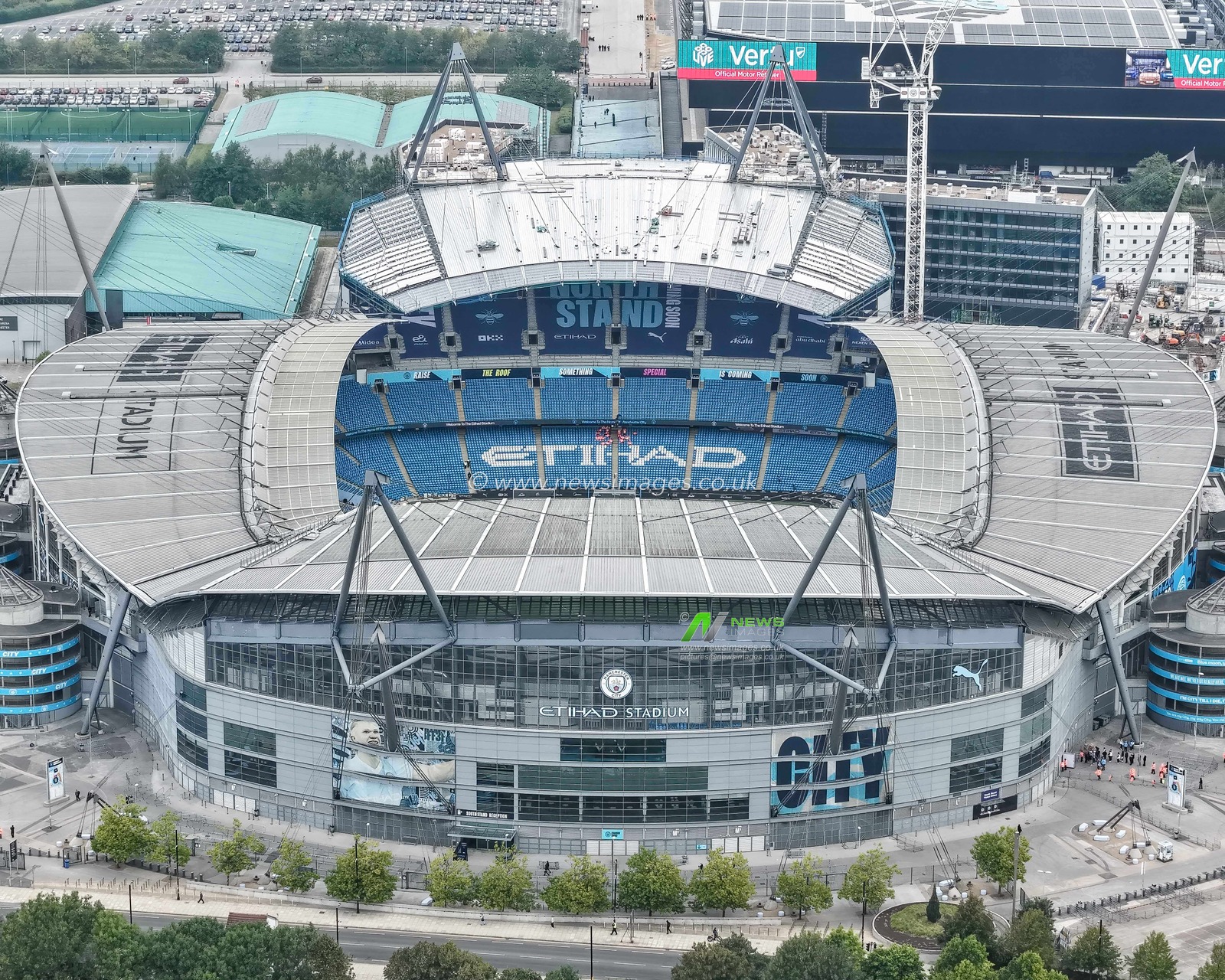 An aerial view of the Etihad Stadium and the new North Stand construction during the Premier League match Manchester City vs Tottenham Hotspur at Etihad Stadium, Manchester, United Kingdom, 23rd August 2025

(Photo by Mark Cosgrove/News Images)