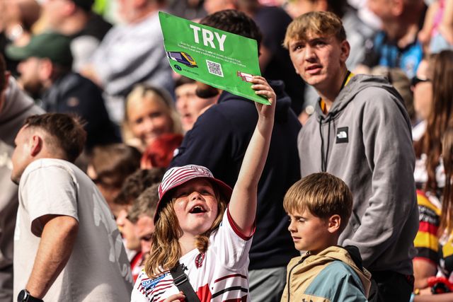 Wigan Warriors fans celebrate a try during the Betfred Super League Magic Weekend match Wigan Warriors vs St Helens at Hill Dickinson Stadium, Liverpool, United Kingdom on 05 July 2026

(Photo by Alfie Cosgrove/News Images)