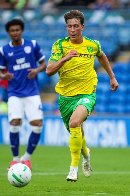Oscar Schwartau of Norwich City during the Carabao Cup round 2 match Cardiff City vs Norwich City at Cardiff City Stadium, Cardiff, United Kingdom on 25 August 2026

(Photo by Andrew Lewis/News Images)