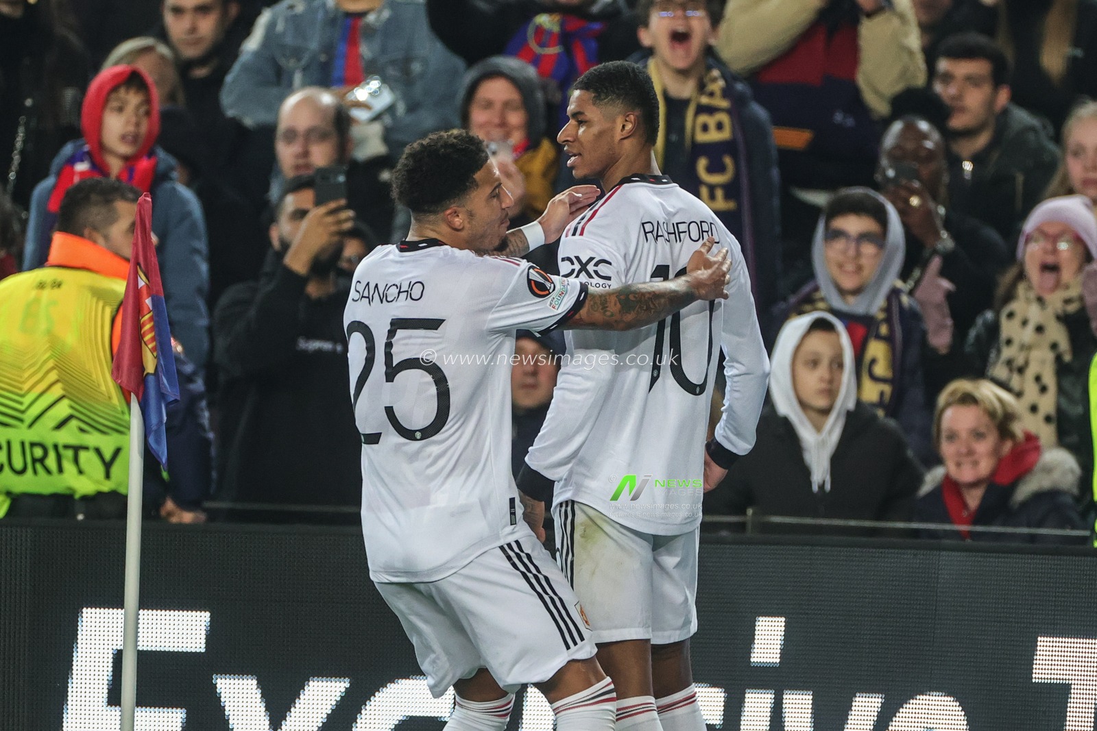 Marcus Rashford #10 of Manchester United celebrates an own goal from Jules KoundÃ© #23 of Barcelona after connecting with his shot on goal during the UEFA Europa League Knockout Round Play-Offs Barcelona vs Manchester United at Spotify Camp Nou, Barcelona, Spain, 16th February 2023

(Photo by Mark Cosgrove/News Images)