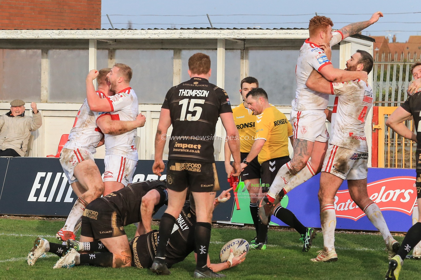 15th March 2020, Hull College Craven Park, Kingston upon Hull, England; Coral Challenge Cup, Round 5, Hull KR v Leigh Centurions : Hull KR players celebrate Nick Rawsthorne (22) of Hull KR winning try