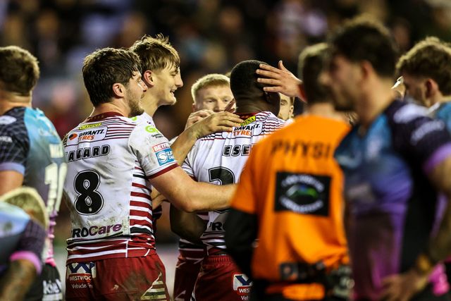 Sam Eseh of Wigan Warriors celebrates his try during the Betfred Super League match Wigan Warriors vs Hull FC at The Brick Community Stadium, Wigan, United Kingdom on 21 February 2026

(Photo by Alfie Cosgrove/News Images)