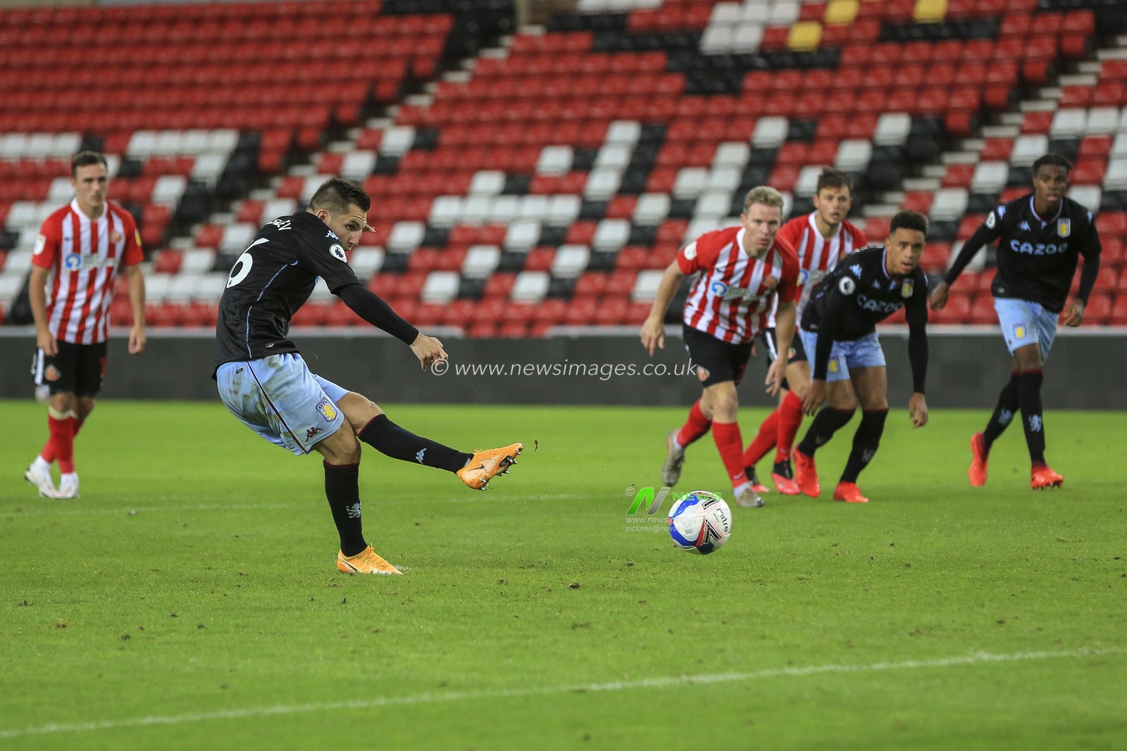 Indiana Vassilev (36) of Aston Villa u21s scores from the penalty spot to make it 2-1