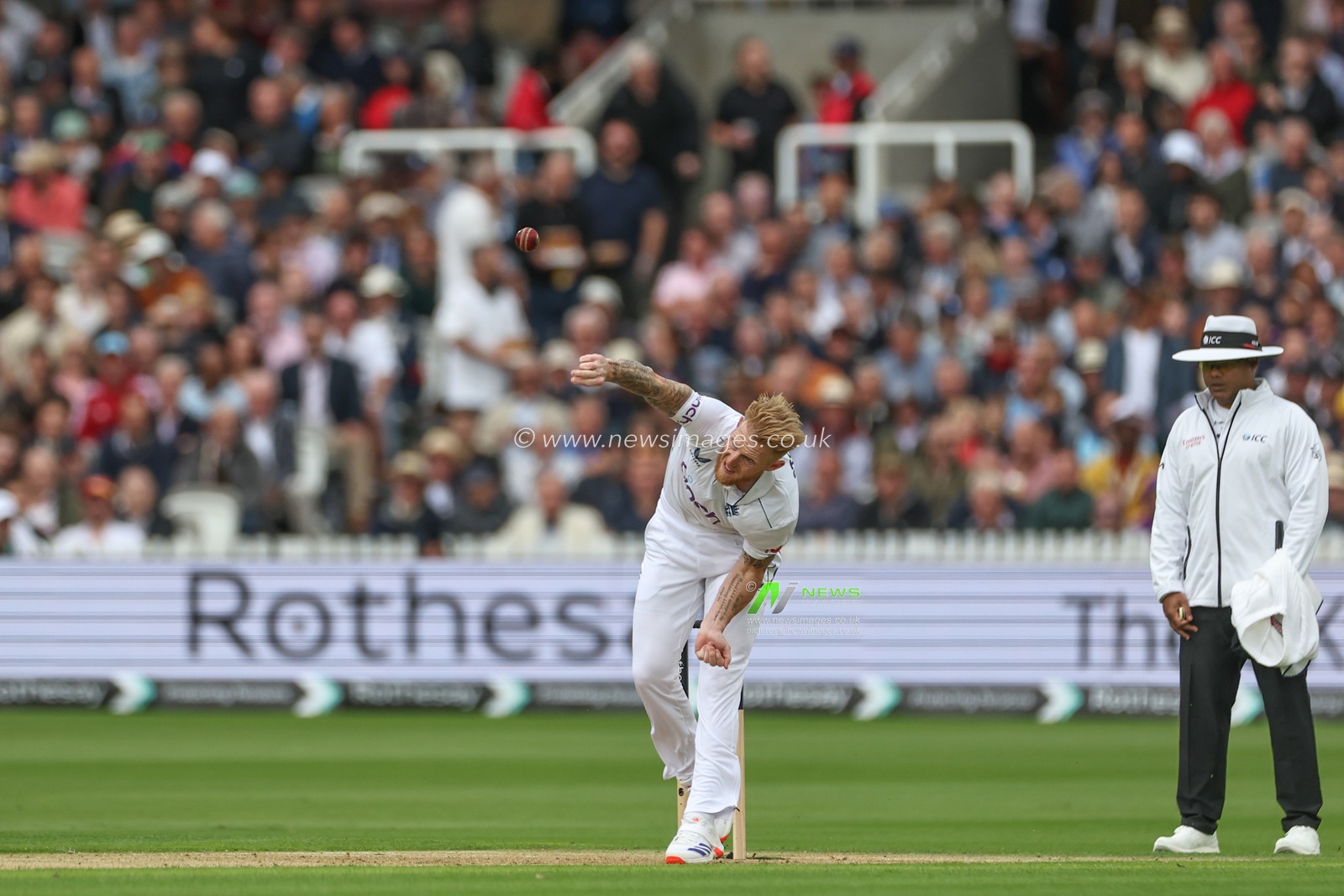 Ben Stokes of England delivers the ball during the 1st Rothesay Test Match day 1 England v West Indies at Lords, London, United Kingdom, 10th July 2024

(Photo by Mark Cosgrove/News Images)