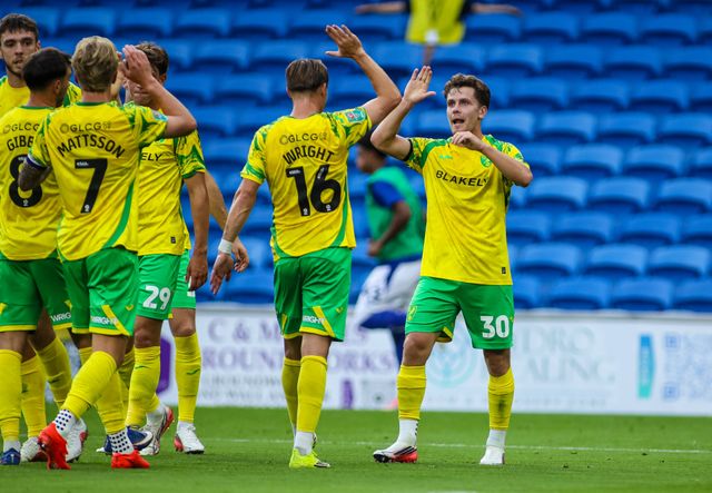 Mathias Kvistgaarden of Norwich City celebrates scoring his teams first goal during the Carabao Cup round 2 match Cardiff City vs Norwich City at Cardiff City Stadium, Cardiff, United Kingdom on 25 August 2026

(Photo by Andrew Lewis/News Images)