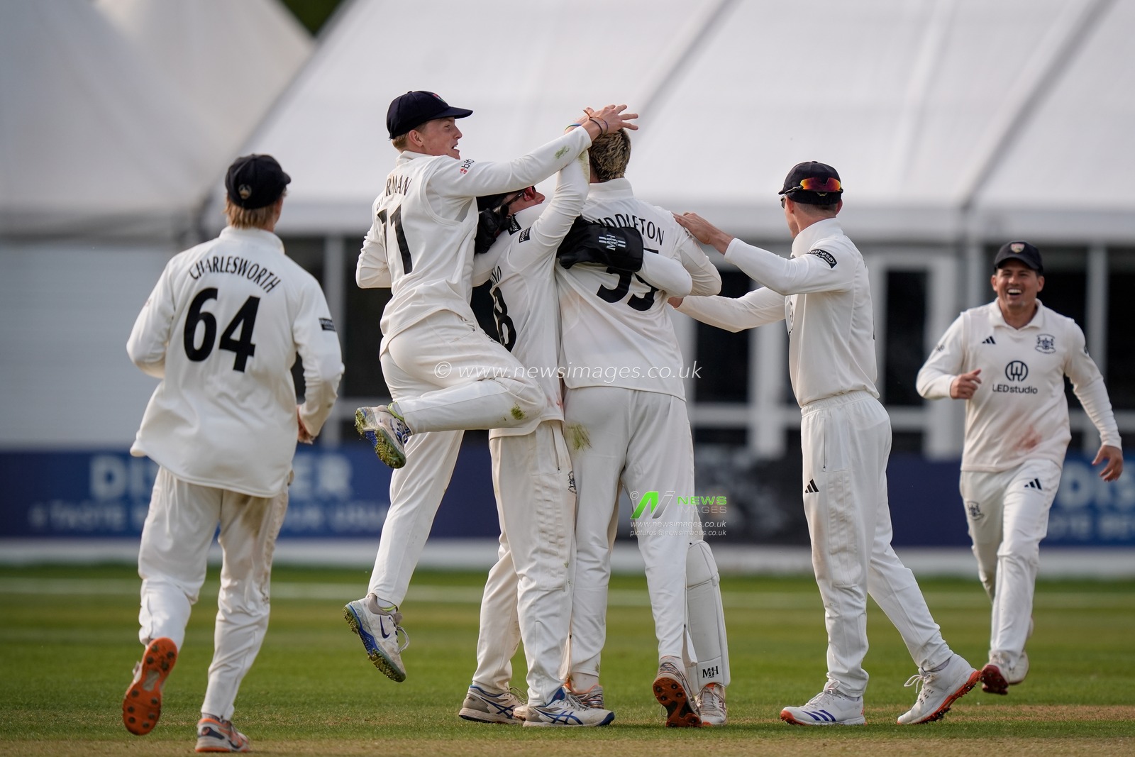 Gloucestershire players celebrate after Wayne Madsen is bowled by Ed Middleton during the County Championship Division Two Derbyshire v Gloucestershire at The Central Co-Op County Ground, Derby, United Kingdom on 26 April 2026

(Photo by Maynard Manyowa/News Images)