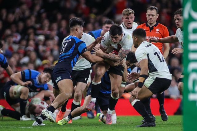 Louis Rees-Zammit of Wales drives towards the line during the Quilter Nations Series 2025 match Wales vs Japan at Principality Stadium, Cardiff, United Kingdom, 15th November 2025

(Photo by Andrew Lewis/News Images)

*** GER AUT SUI OUT ***